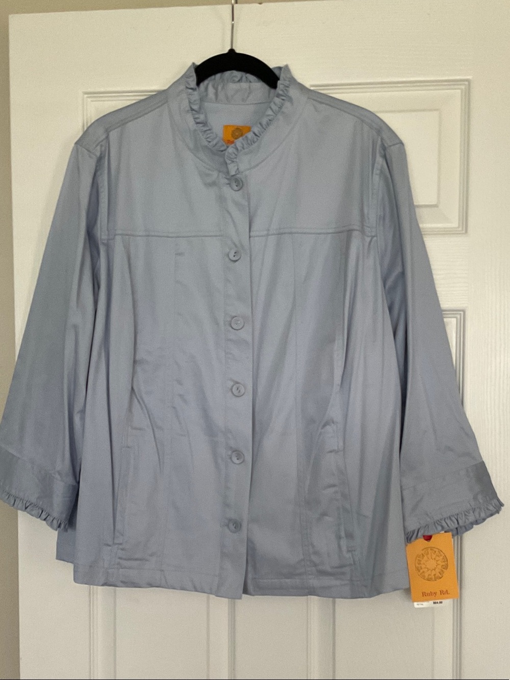 Ruby Rd. Pale Blue Ruffle-Trim Button Front Jacket